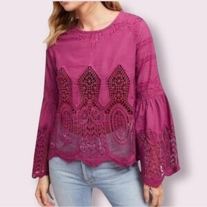Chloe Oliver Anthropologie Bell Sleeve Raspberry Boho Blouse Size S